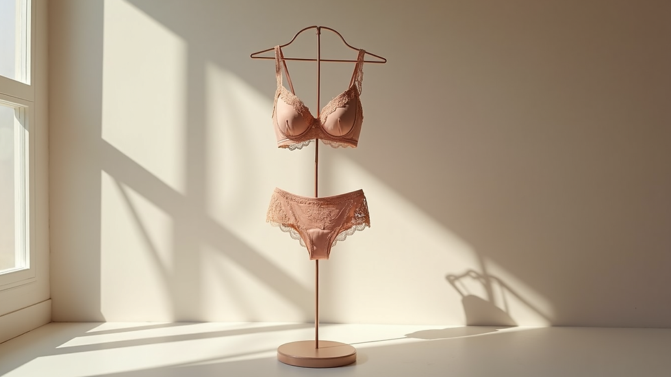 Eye-level view of elegant lingerie set displayed on a minimalist stand