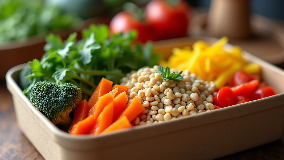 Close-up of a meal prep container with colourful vegetables and grains
