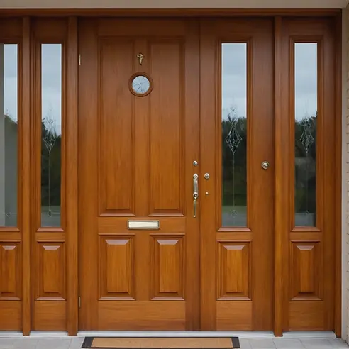 A beautiful and sophisticated wooden front door installed by Eagle Eye Construction 