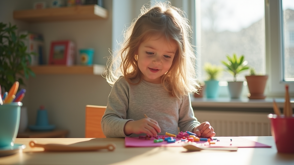Close-up view of a babysitter setting up a fun craft activity for children