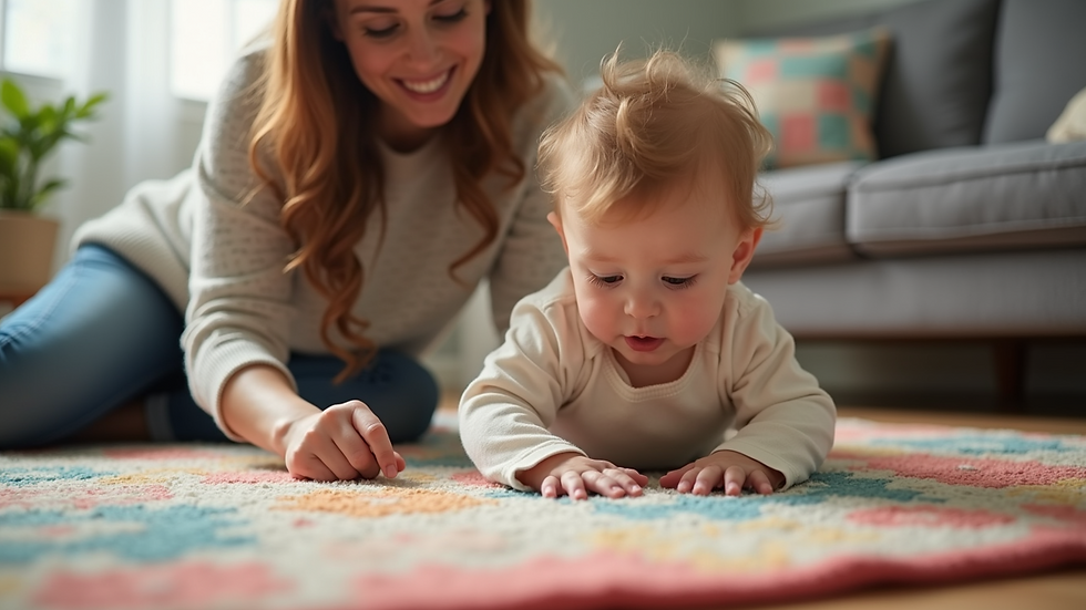 Close-up view of a babysitter playing with a toddler on a colorful rug