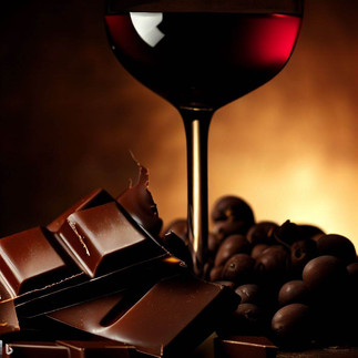 A glass of red win with dark chocolate bar