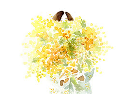 Watercolour of a girl holding a huge bouquet of yellow flowers