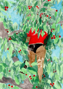 Gouache painting of a girl in her undies picking cherries hidden in a tree with a red shirt.
