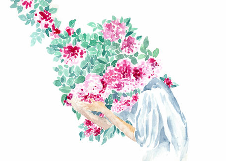 watercolour of a girl with her head in a shrub of roses