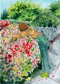 An original gouache painting of a girl (self-portrait) hugging a flowering bush on a neighbourhood street. Sharing love with the flowering kingdom, a hug between kindred friends, a sense of home.