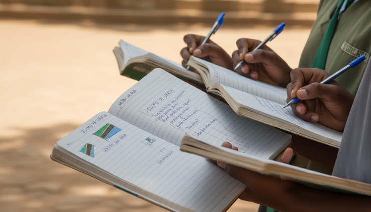 Close-up view of students’ notebooks during a civic learning visit.