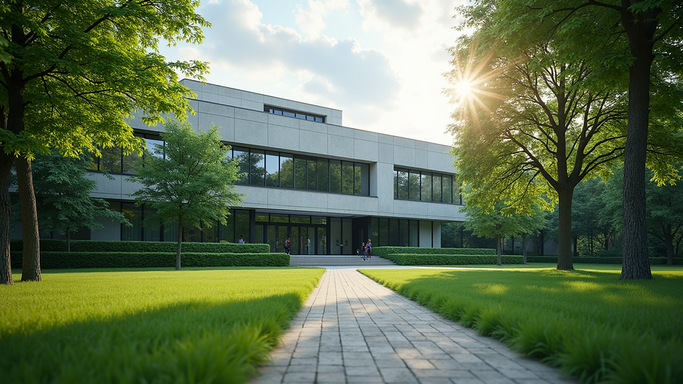 Eye-level view of EAC Headquarters building surrounded by greenery