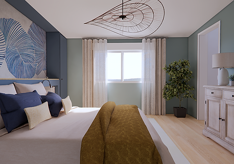 Rendu 3D d’une chambre parentale moderne avec décoration d’intérieur apaisante, palette naturelle et mobilier sur mesure