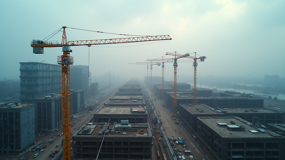 High angle view of a construction site with cranes and building frameworks