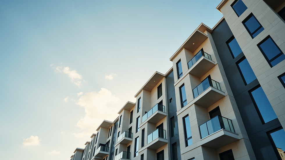Eye-level view of a modern residential building under construction with prefabricated panels