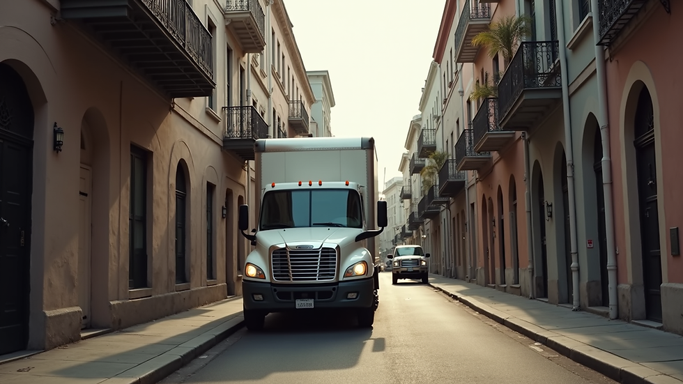 Eye-level view of a delivery truck parked on a narrow Charleston street