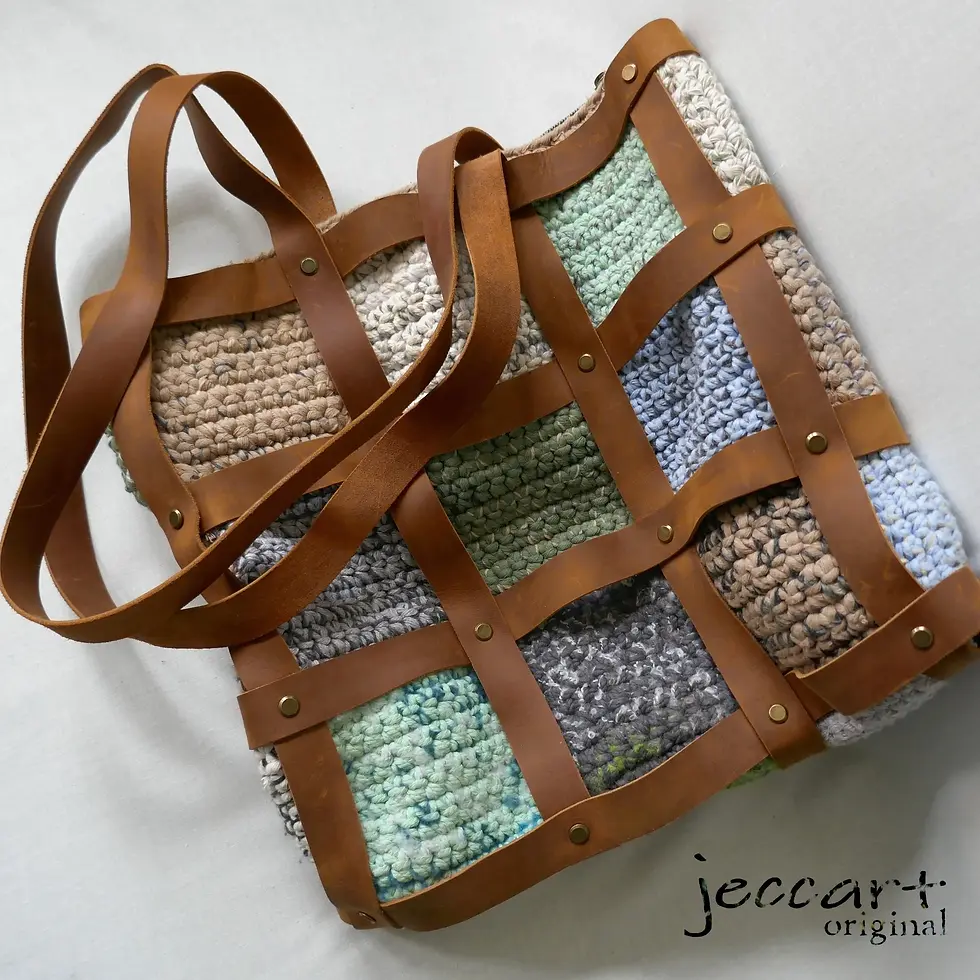 Handcrafted unique patchwork crocheted yarn tote bag with Leather strapping. Blues, greens, beige & grey.