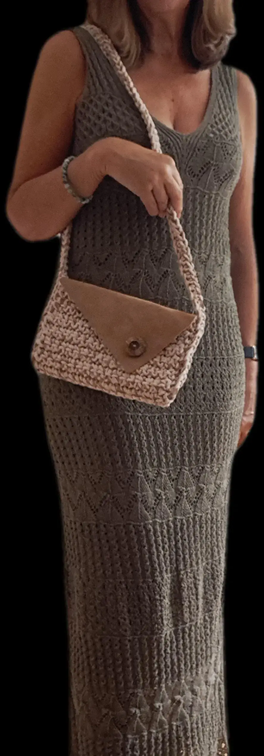 'Kilmardinny' - Smart cream bag in cotton, raffia and suede with feature button