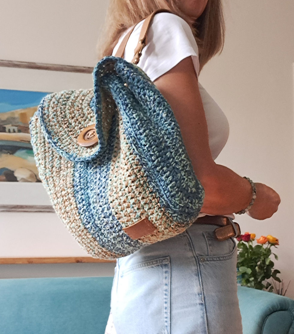 Mixed fibre textured backpack in blues & beiges. Raffia & wool mix with leather adjustable straps & wooden button on model 