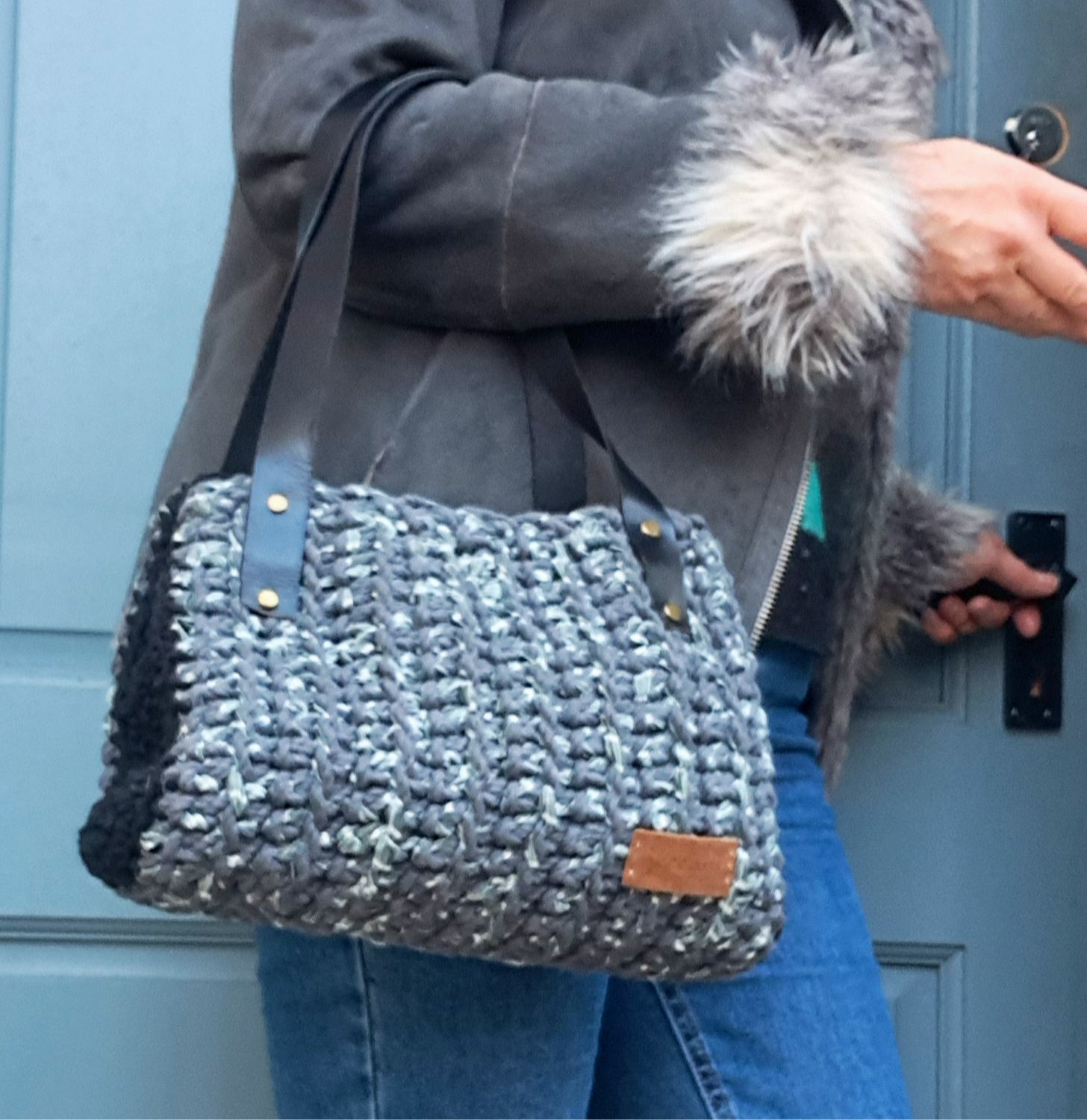 'Dunblane' - Textured Cord Handbag – Grey & Black with Real Leather Straps”