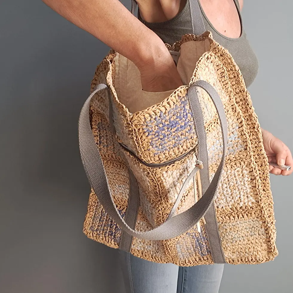 Thumbnail: 'Ho Chi Minh' - Lightweight Large Patchwork Raffia & Wool Tote Bag