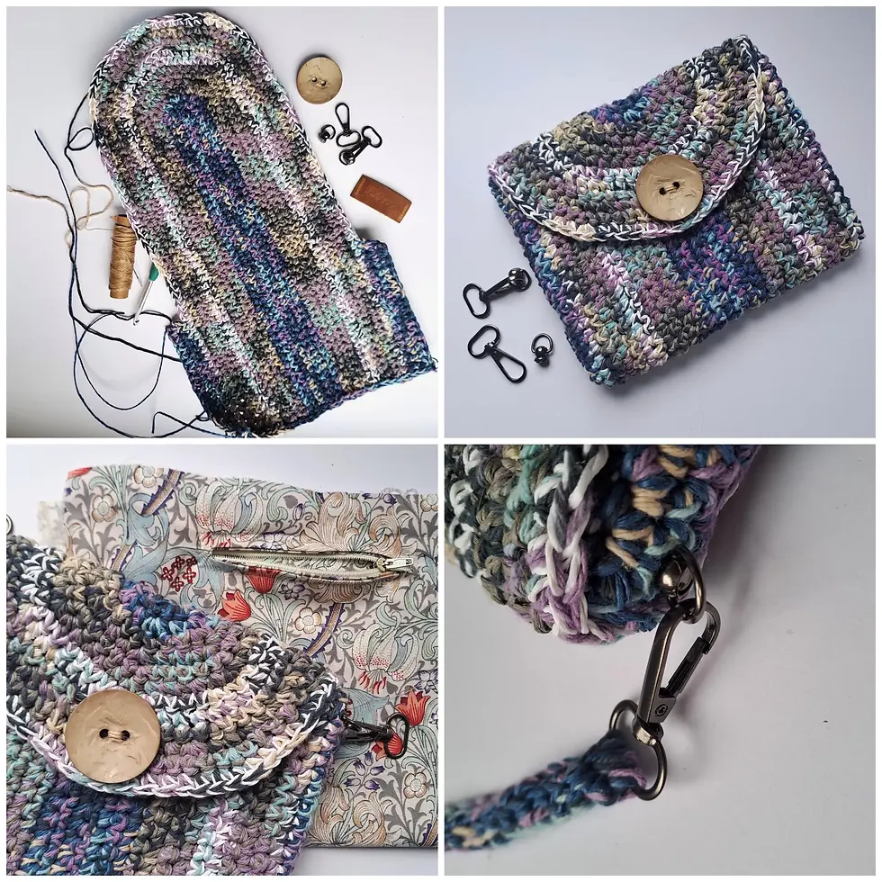 Thumbnail: Blue, mauve, white and grey raffia crossbody bag with large button. Crocheted in raffia & cotton yarn. Making process