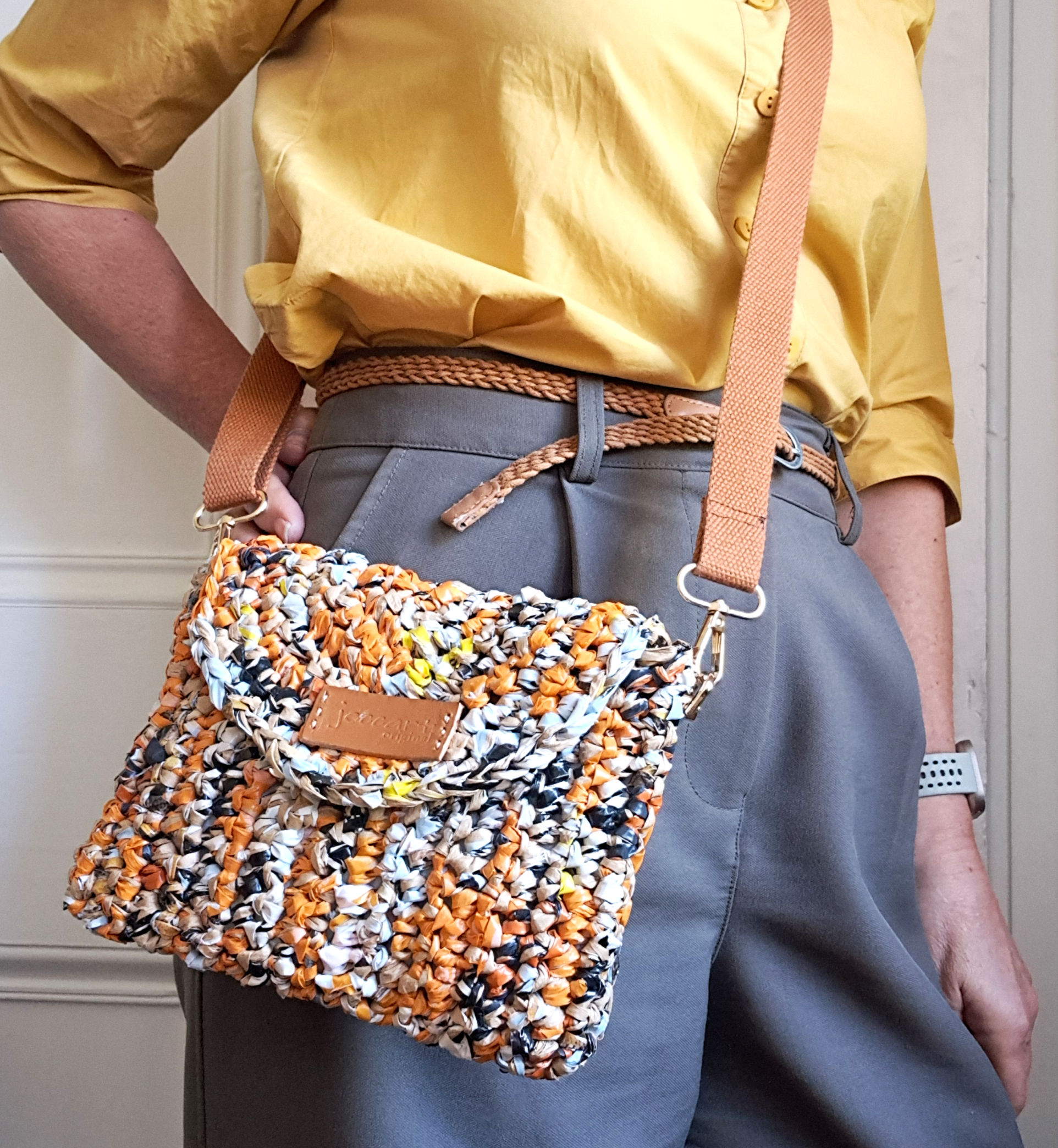 Hanoi Oranges' - Recycled Plastic Cross Bod with Popper Flap & Webbing Strap