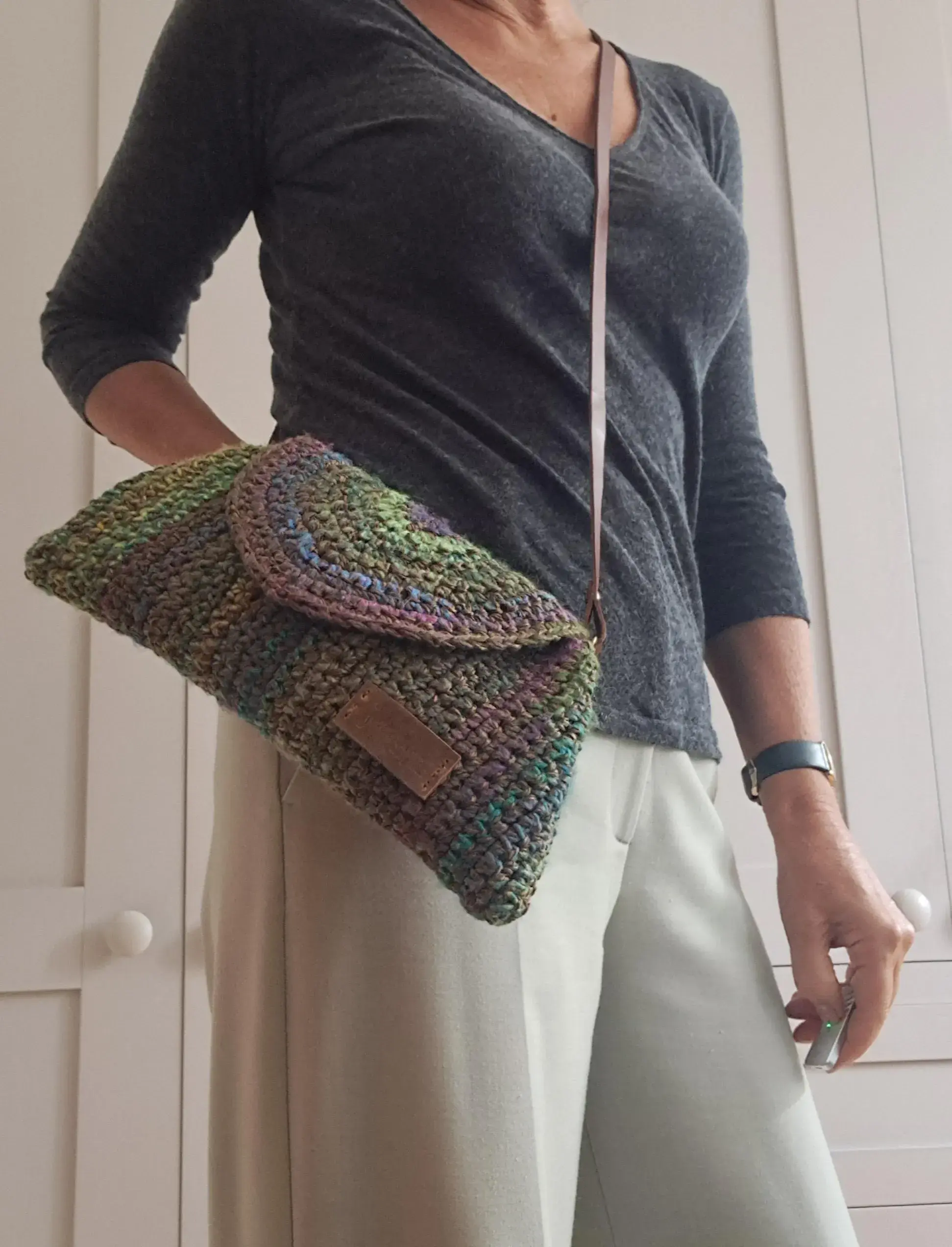 Autumn handcrafted trapezoid shaped textured bag with detachable leather strap. Greens & purples. Mixed wool & raffia twine