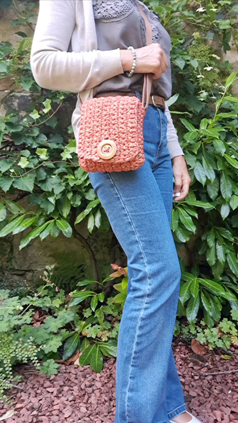 Thumbnail: 'Dowanhill Rust' - raffia and macramé cotton bag with wooden feature button