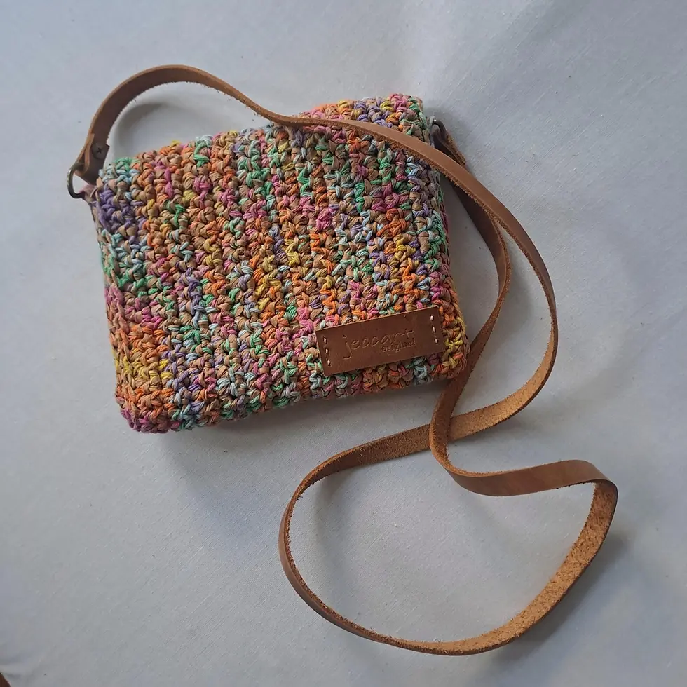 Thumbnail: Colourful small textured raffia and cotton yarn little bag. Crocheted texture. Flap & button closure. Fun bag. Reverse