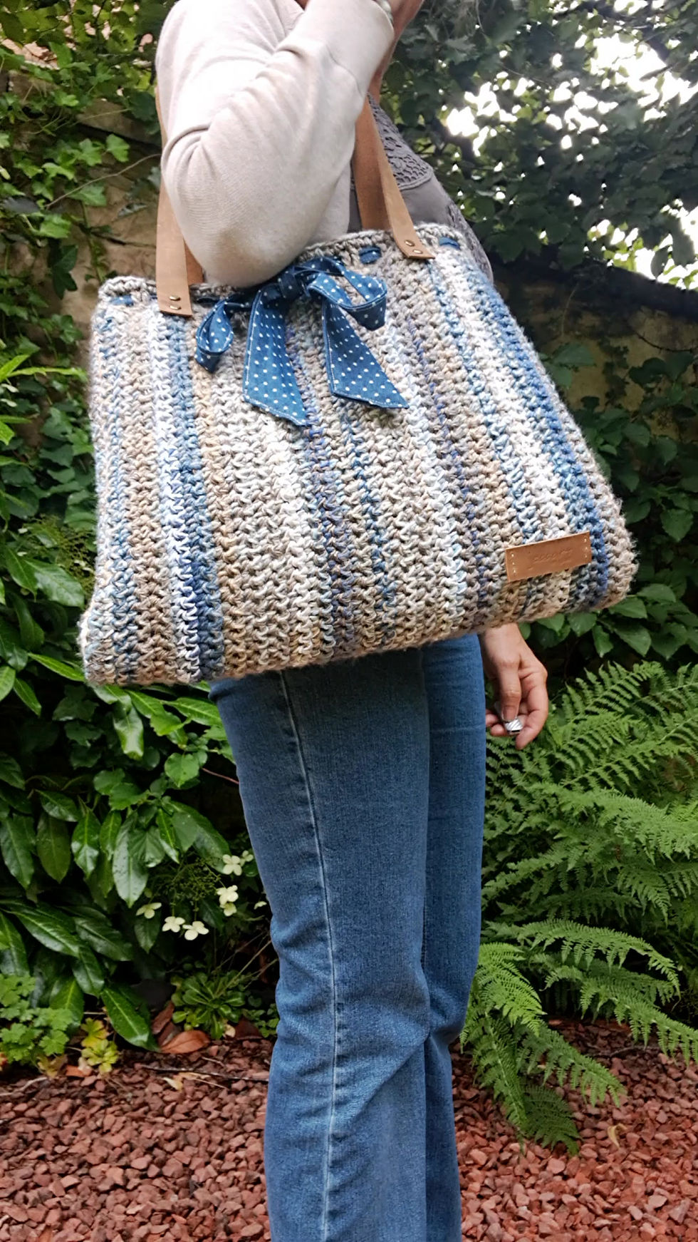 Thumbnail: 'Northumberland' - Large textured blue and white raffia and wool beach style bag