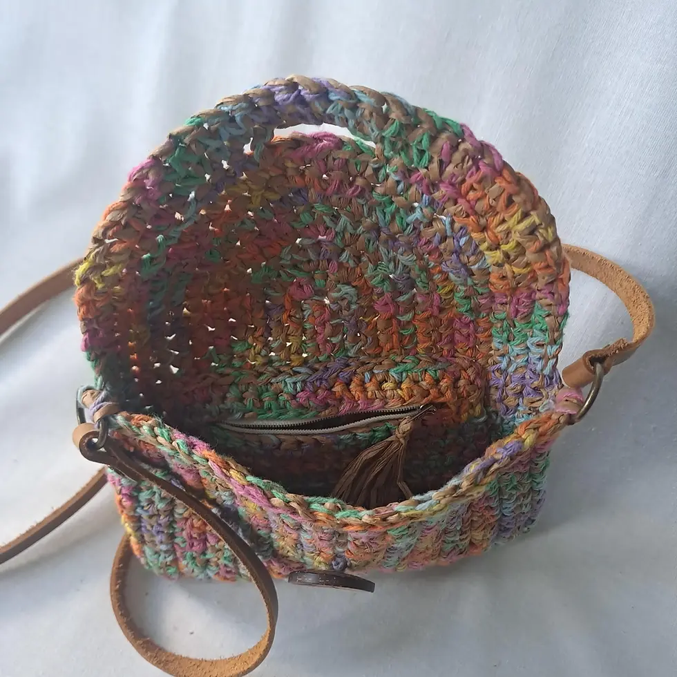 Thumbnail: Colourful small textured raffia and cotton yarn little bag. Crocheted texture. Showing open flap & button closure. Fun bag. 