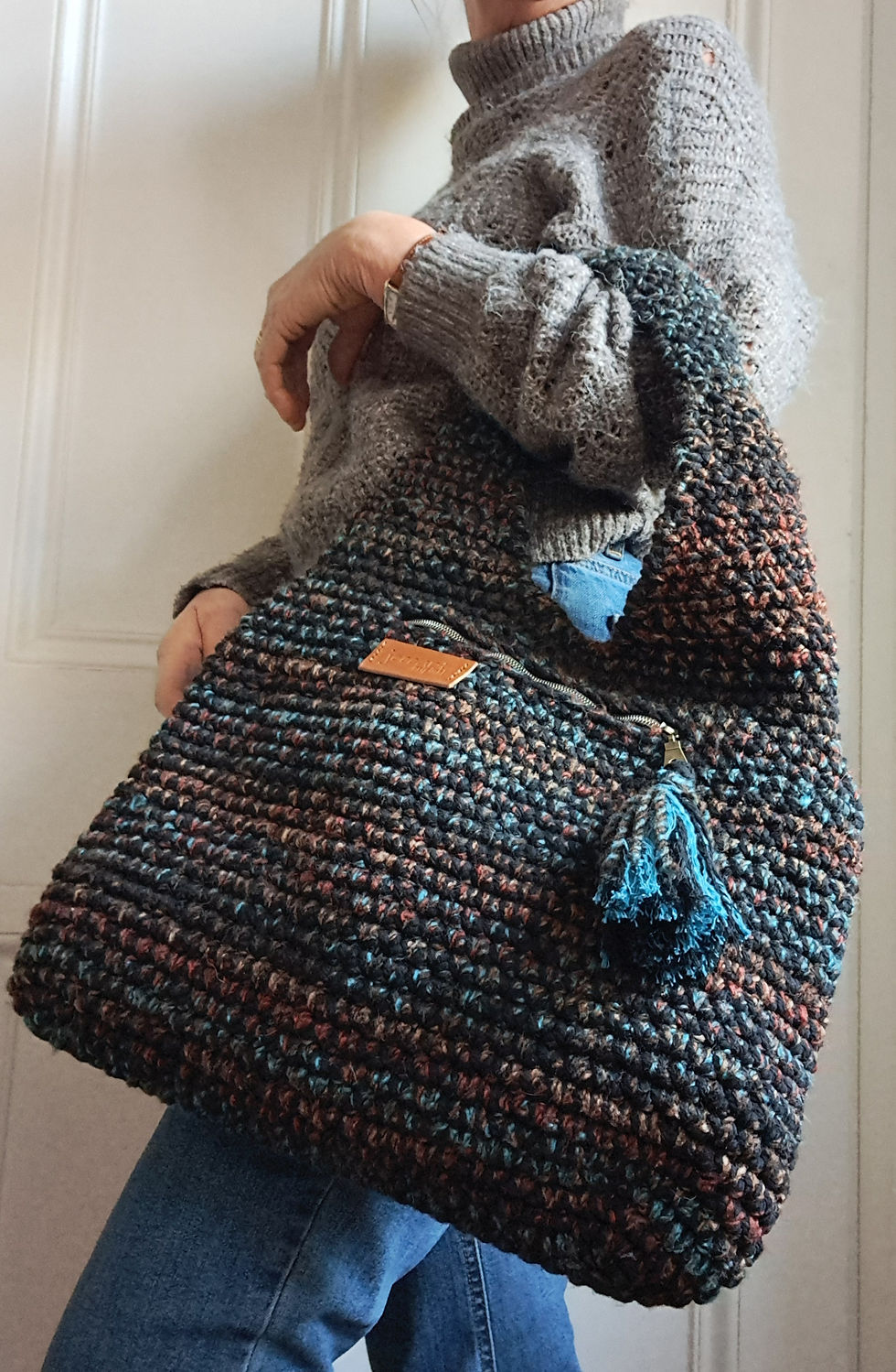 Thumbnail: 'Melrose Large' - Chunky Tweed-Look Bucket Bag in Black, Browns & Turquoise