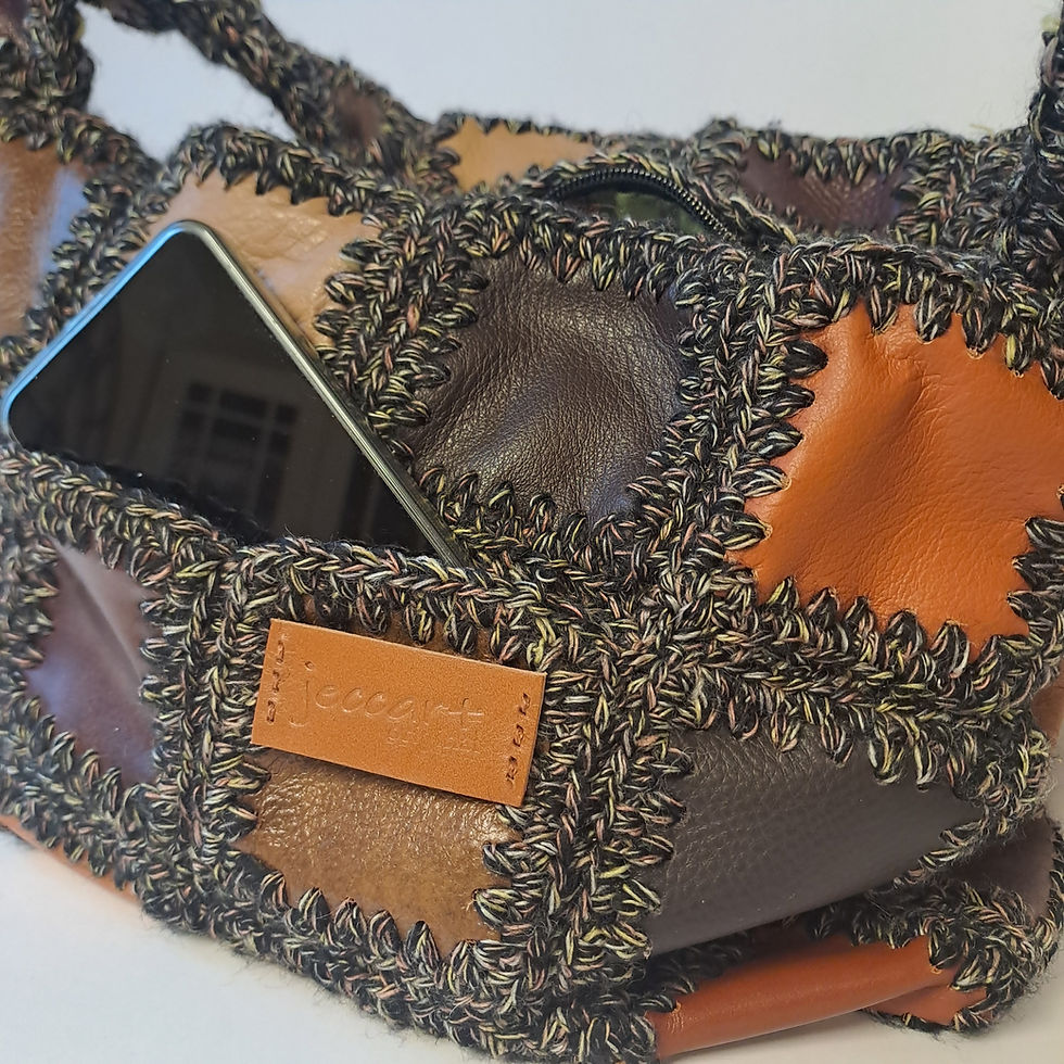 Thumbnail: Large shoulder bag made from reclaimed leather patchwork in browns and tans, with tweedy texture and integrated handle