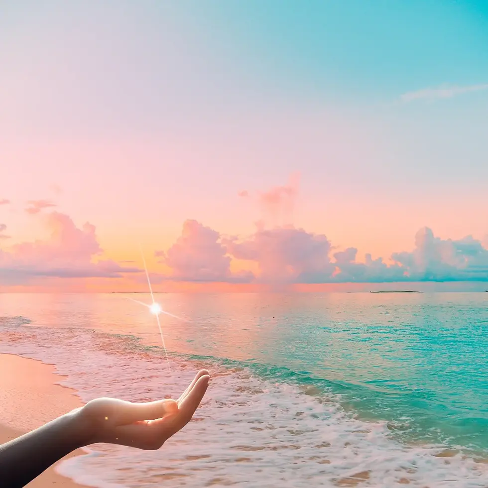 sunset over the ocean with a ball of glowing light and a person reaching out their hand