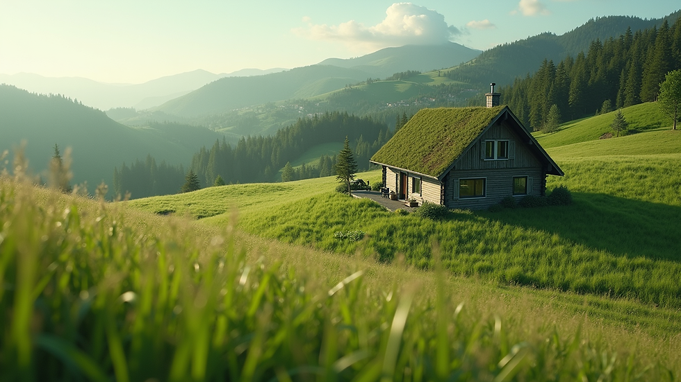 Wide angle view of a tiny home nestled in a lush green landscape
