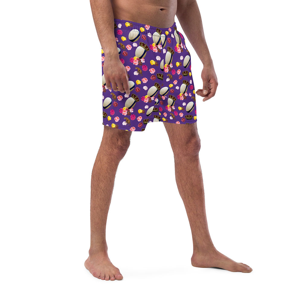 Thumbnail: Royal Rugby Crowns and Flowers All-Over Print Recycled Swim Trunks