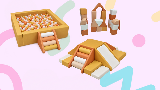 Tangerine Dream Bundle 1 with a yellow ball pit, roller steps, building blocks and a pyramid climber in orange, yellow, peach and white.