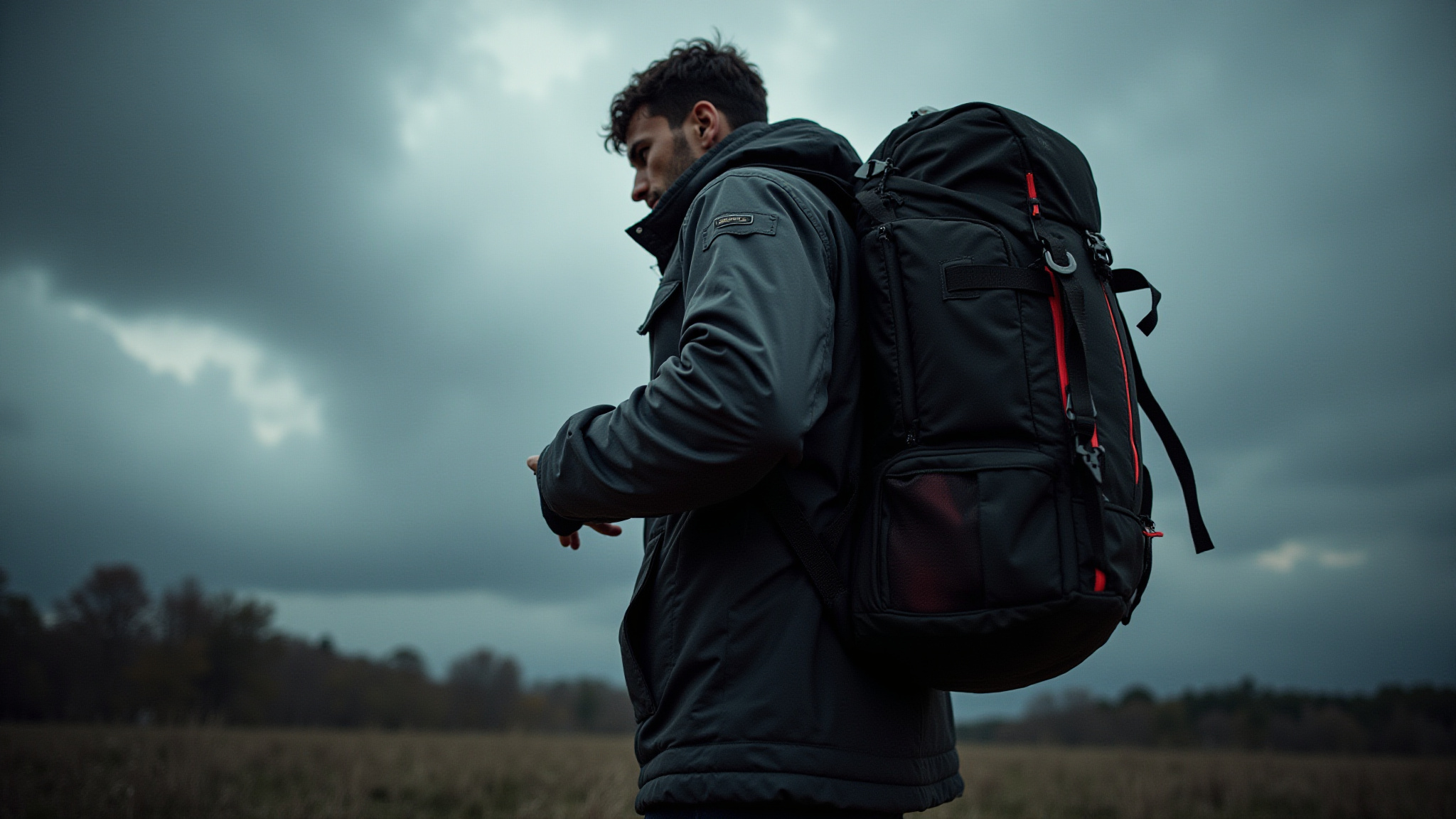 Man in the outdoors with a cold weather jacket and a loaded backpack.
