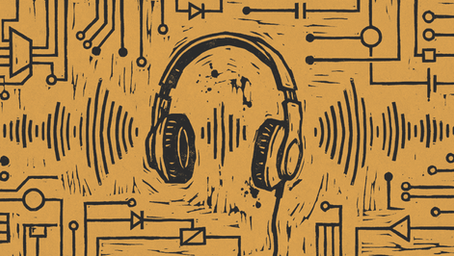Ilustração em estilo xilogravura com fundo ocre, apresentando um fone de ouvido central rodeado por ondas sonoras e circuitos eletrônicos. A imagem representa o conceito de podcast com IA, unindo o design rústico tradicional à tecnologia digital.