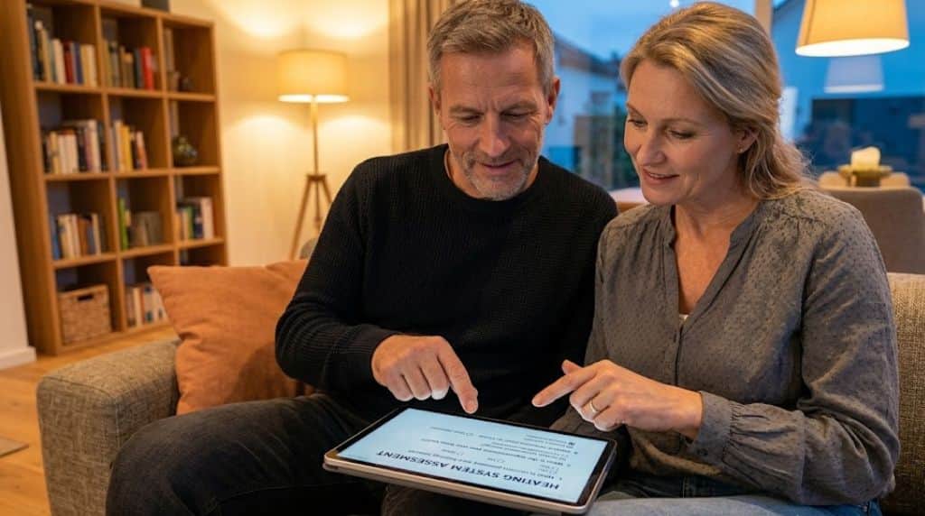 Ein Hausbesitzer füllt am Tablet den Online-Fragebogen von Acuria Solar aus