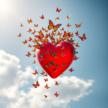 A red heart with thousands of butterflies flying out of it in a bright sunny sky.