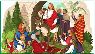 Jesus enters Jerusalem on a donkey to the acclaim of the people