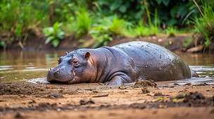Hippopotamus resting in muddy water.