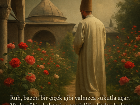 Bir dergâhın avlusunda gül bahçesine bakan derviş, sırtı dönük şekilde sükûnet içinde duruyor. Arka planda klasik Osmanlı mimarisiyle kubbeli yapı yer alıyor. Görsel, "Degâh Bahçesi – Sükûtun Gölgesinde Açan Güller" temasıyla içsel derinliği, tefekkürü ve tasavvufi huzuru yansıtıyor.