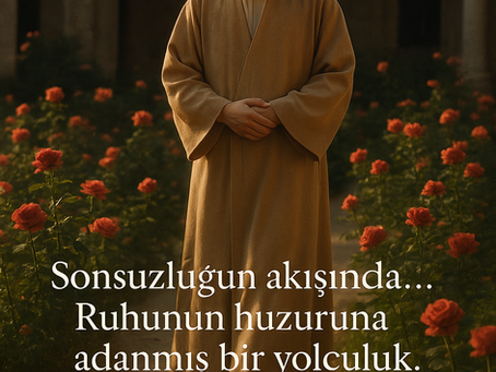 Gül bahçesinde dua hâlinde duran derviş; arka planda taş sütunlu eski bir dergâh yapısı. Görsel, tasavvufi huşû, içe dönüş ve gönül teslimiyetini yansıtan manevi bir atmosfer sunuyor.