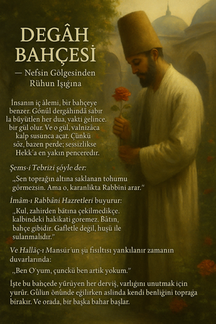 Gül bahçesinde yürüyen dervişin sırtı dönük silueti, klasik bir dergâhın önünde tasavvufi bir sükûnet içinde görülüyor. Görsel, “Degâh Bahçesi – Sükûtun Gölgesinde Açan Güller” başlıklı tasavvufi yazının içsel derinliğini ve kalbin hakikate yürüyüşünü sembolize ediyor.