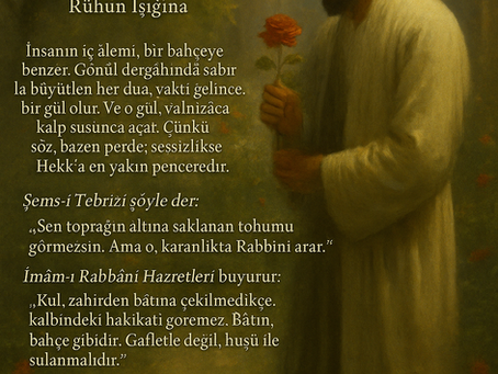 Gül bahçesinde yürüyen dervişin sırtı dönük silueti, klasik bir dergâhın önünde tasavvufi bir sükûnet içinde görülüyor. Görsel, “Degâh Bahçesi – Sükûtun Gölgesinde Açan Güller” başlıklı tasavvufi yazının içsel derinliğini ve kalbin hakikate yürüyüşünü sembolize ediyor.