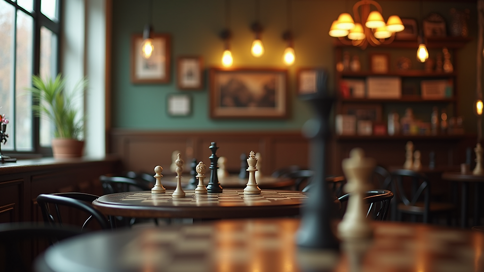 Eye-level view of a cozy chess cafe interior with tables and chess boards