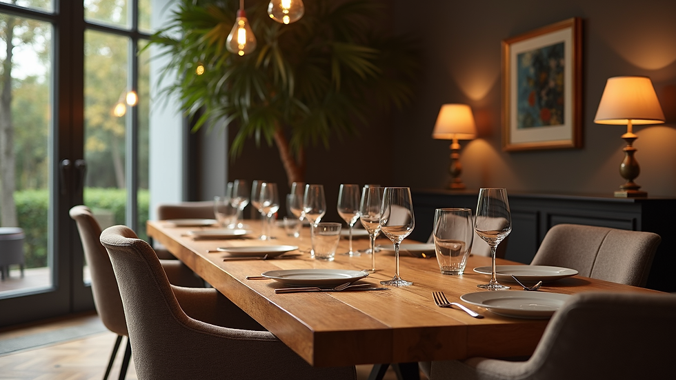High angle view of a luxury dining room with bespoke wooden table and elegant chairs