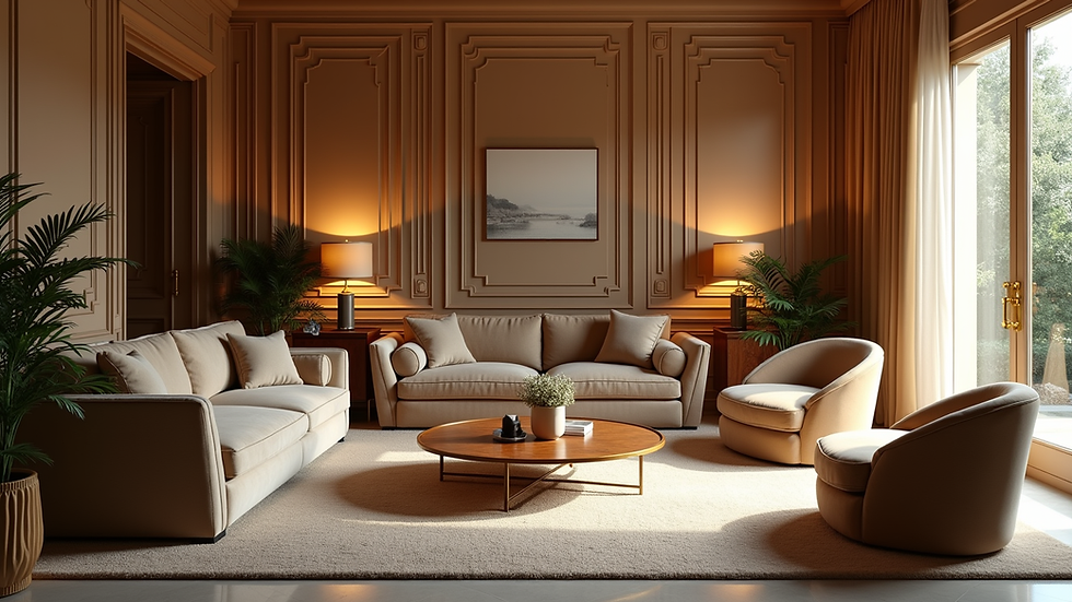 Eye-level view of a luxurious living room with velvet sofas and golden accents