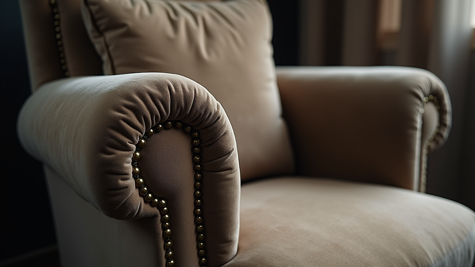 Close-up of a plush velvet armchair with elegant stitching