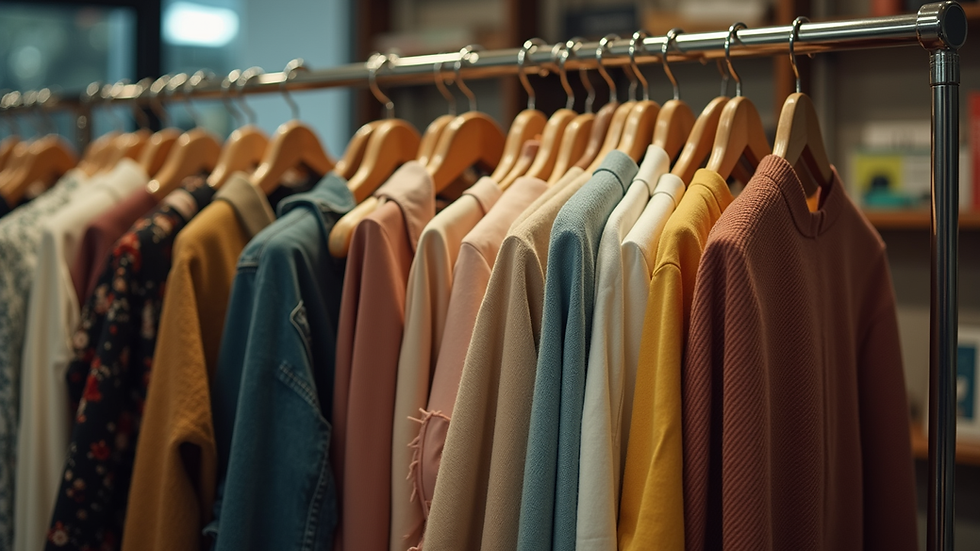 Eye-level view of a clothing rack showcasing a blend of vintage and modern garments