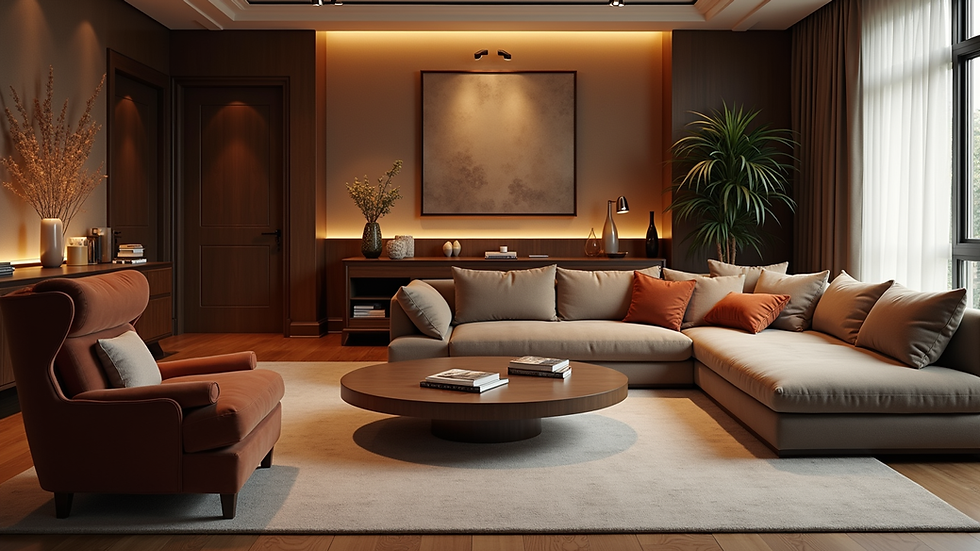 Eye-level view of a luxurious living room with bespoke furniture and ambient lighting